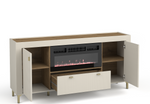Cashmere sideboard with built-in electric fireplace; open storage compartments and drawer.