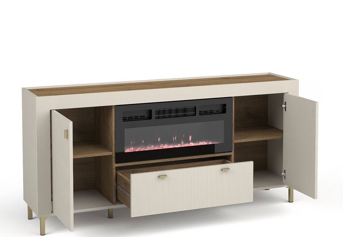 Cashmere sideboard with built-in electric fireplace; open storage compartments and drawer.
