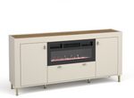 White sideboard with built-in electric fireplace and center drawer; cabinet doors left and right.