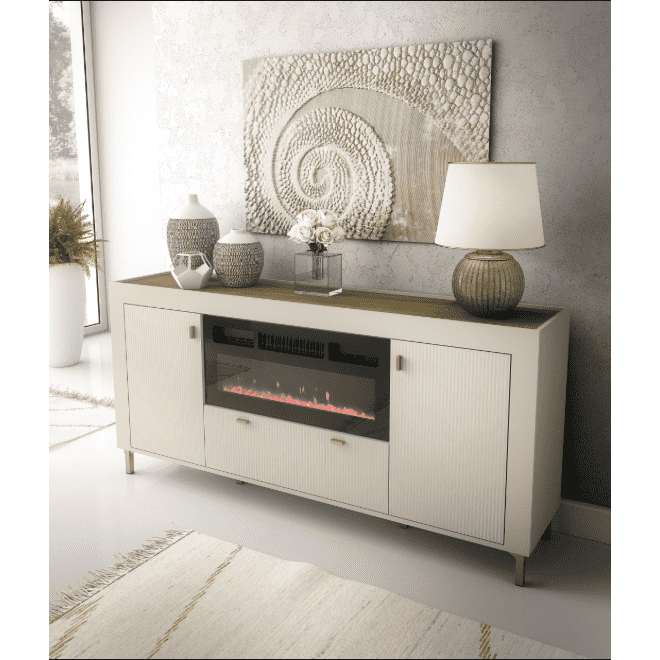 White sideboard with electric fireplace insert and cabinet doors; front drawer below.