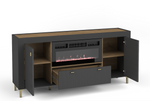 Black sideboard with built-in electric fireplace; open storage and center drawer.