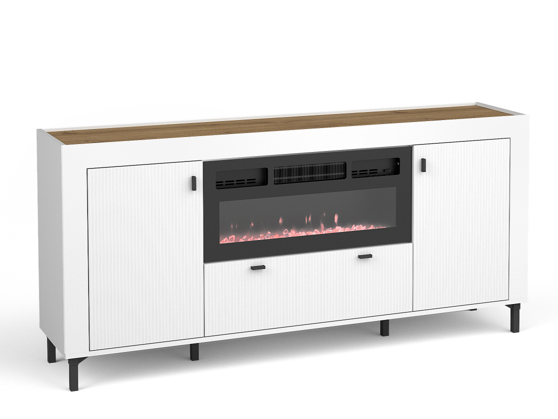 White media sideboard with built-in electric fireplace; two cabinet doors and center drawer.