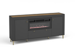 Black sideboard with built-in electric fireplace; two side doors and center drawer.