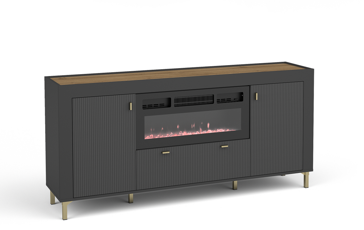 Black sideboard with built-in electric fireplace; two side doors and center drawer.