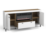 Cashmere sideboard with built-in electric fireplace; open shelves and center drawer.