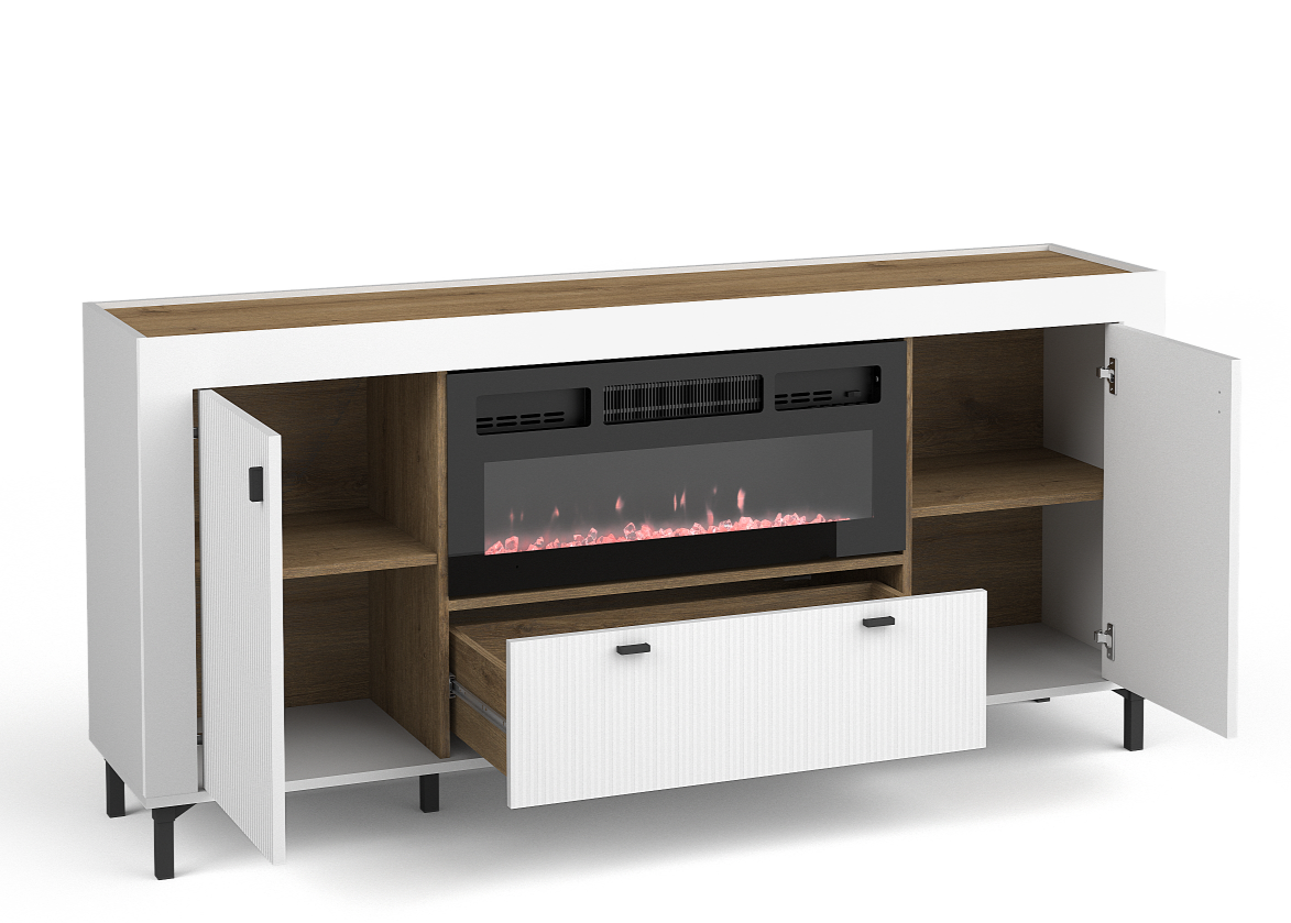 Cashmere sideboard with built-in electric fireplace; open shelves and center drawer.