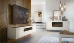 White TV cabinet with ribbed drawers and doors, wood-look top, in living room
