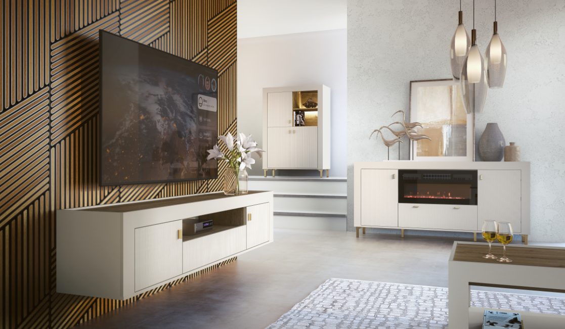White TV cabinet with ribbed drawers and doors, wood-look top, in living room