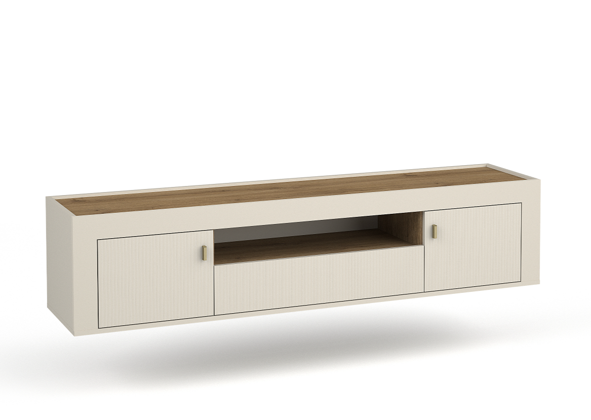 White TV cabinet with ribbed doors and centered shelf opening, wood-look top