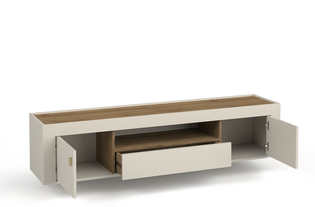White TV cabinet with side panel open, inner shelf and ribbed drawer, wood-look top
