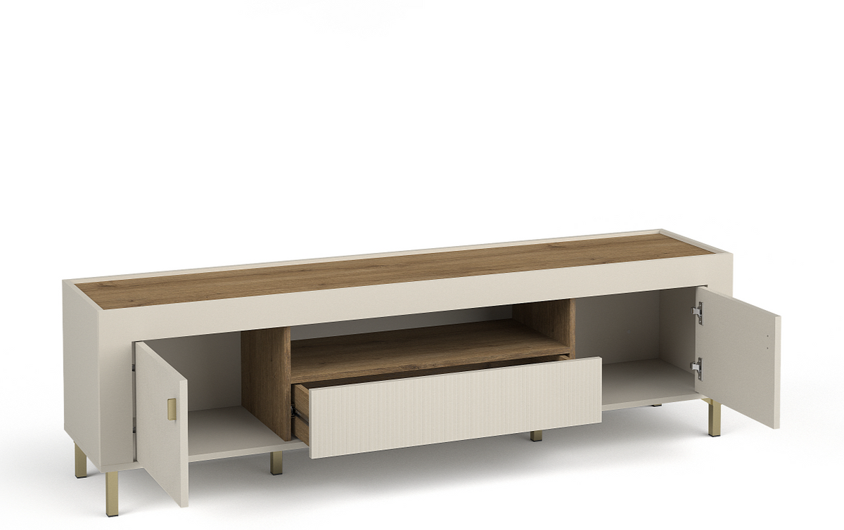 White TV cabinet with open shelf and ribbed drawer, wood-look top