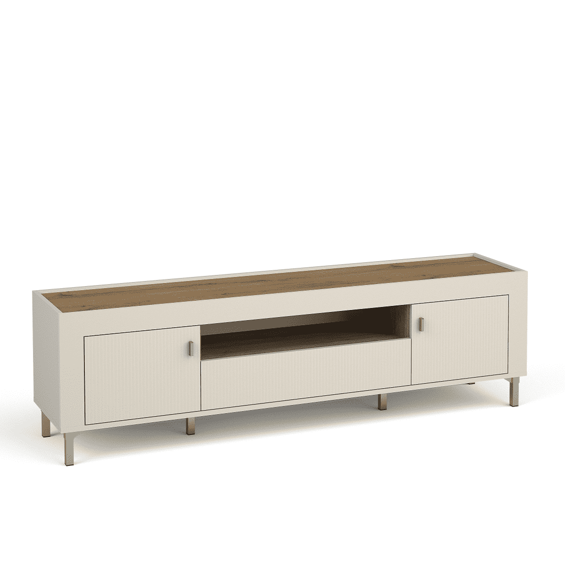 White TV cabinet with ribbed doors, metal handle pulls, and wood-look top