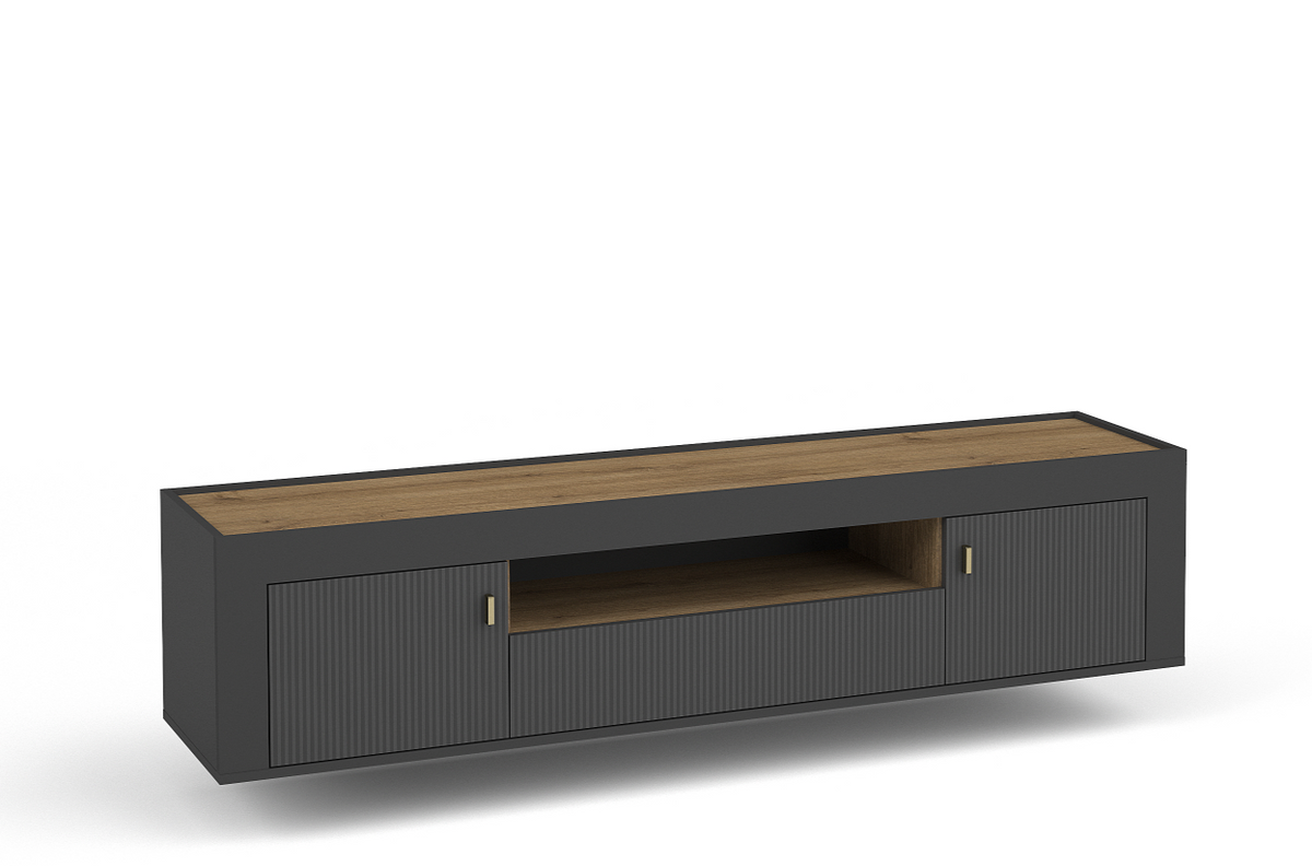Dark gray TV cabinet with wood top, ribbed doors, and central open shelf