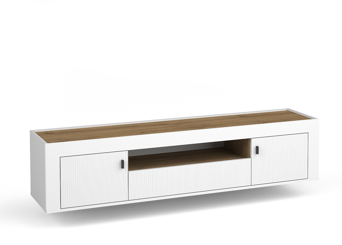 White TV cabinet with two ribbed doors and wood-look top, centered shelf opening