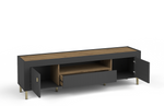 Dark gray TV cabinet, interior open with wood shelf and ribbed drawer front