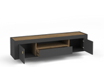 Dark gray TV cabinet with open side panel, wood shelves, and ribbed drawer