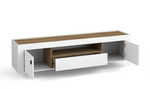 White TV cabinet with side door open, showing inner shelf and ribbed drawer, wood-look top