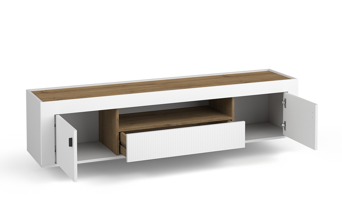 White TV cabinet with side door open, showing inner shelf and ribbed drawer, wood-look top