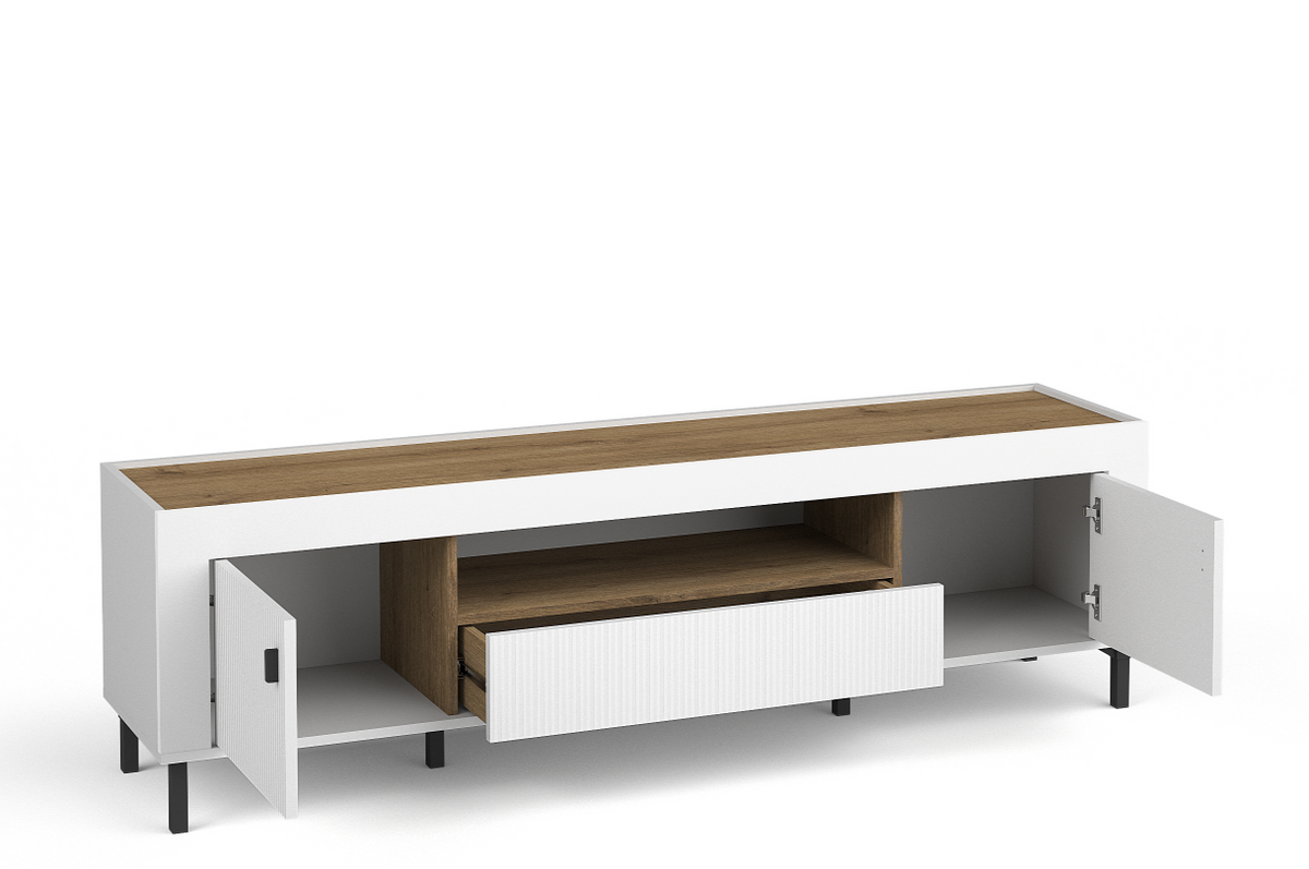 White TV cabinet with side panel open, inner shelf and ribbed drawer, wood-look top