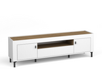 White TV cabinet on legs with ribbed doors and wood-look top, metal pull handles
