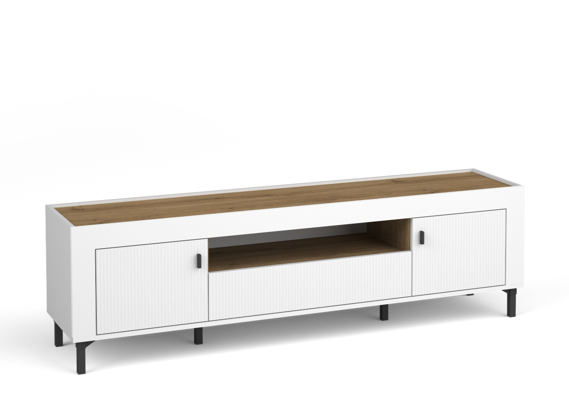 White TV cabinet on legs with ribbed doors and wood-look top, metal pull handles