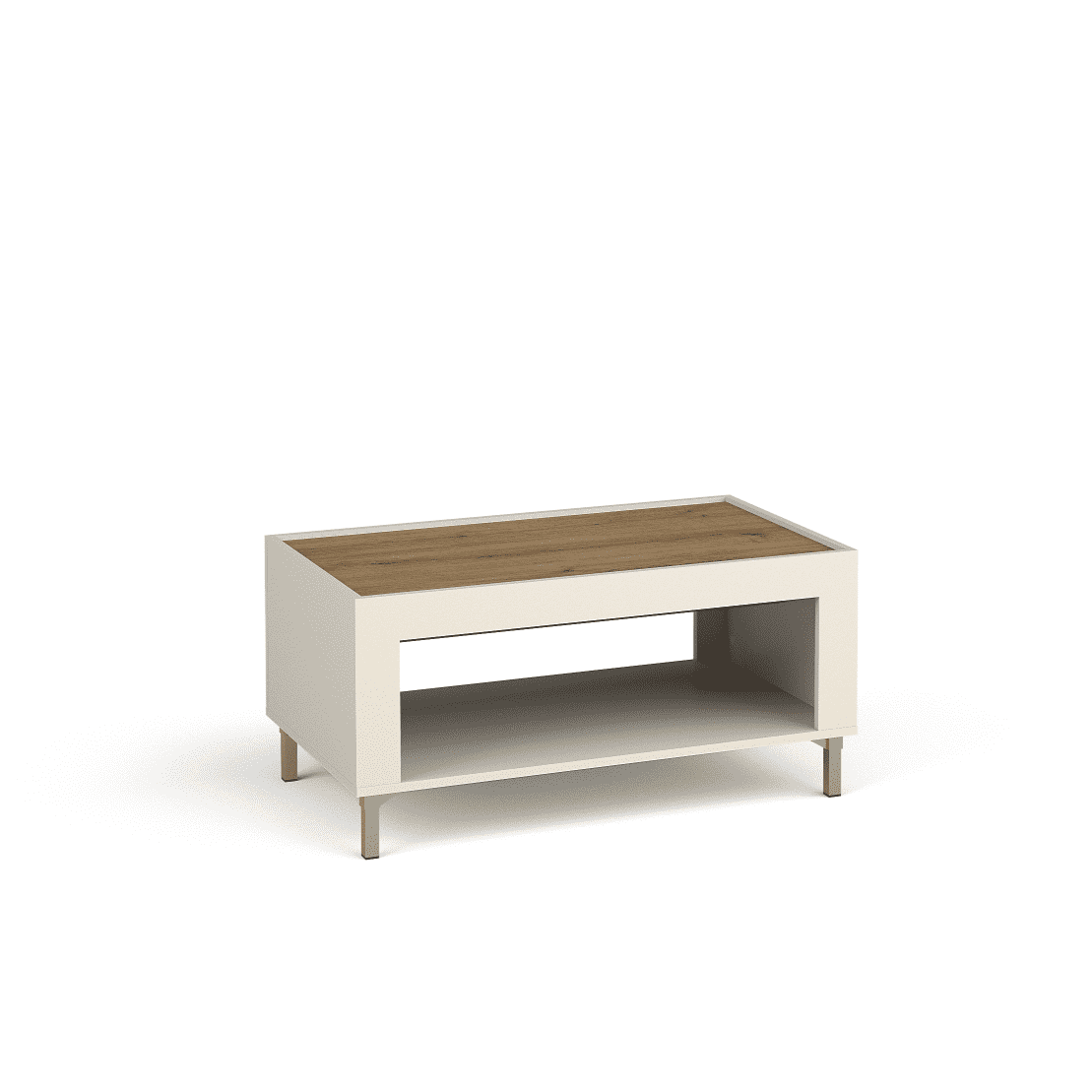 White coffee table with wood-look top, open shelf, and brass-toned feet