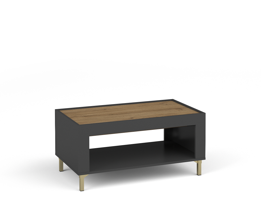 Black coffee table with wood-look top, open shelf, and brass-toned feet