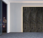 Marble-effect wall panel board in dark gray with gold veining, large square panel