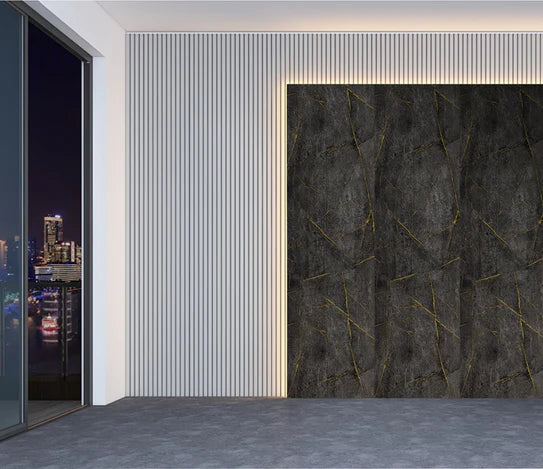 Marble-effect wall panel board in dark gray with gold veining, large square panel