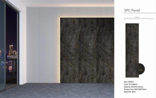 Marble-effect wall panel board in dark gray with gold vein lines, large square