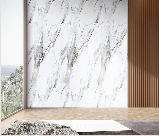 White marble-effect wall panel with gold veining, flat rectangular surface