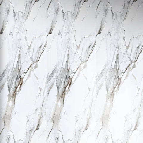 Close-up white marble-effect wall panel with thin gray and gold veining