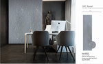 Grey marble-effect wall panel shown installed with product information panel