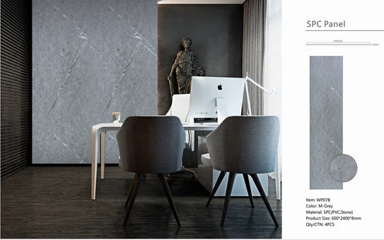 Grey marble-effect wall panel shown installed with product information panel