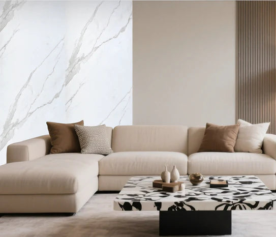 White marble-effect wall panel with veined pattern on interior wall