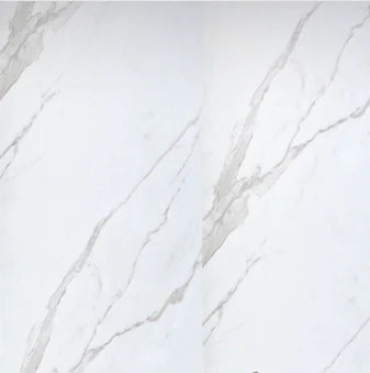 White marble-effect wall panel close-up with light gray veining