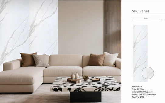 White marble-effect wall panel on living room wall, corner view