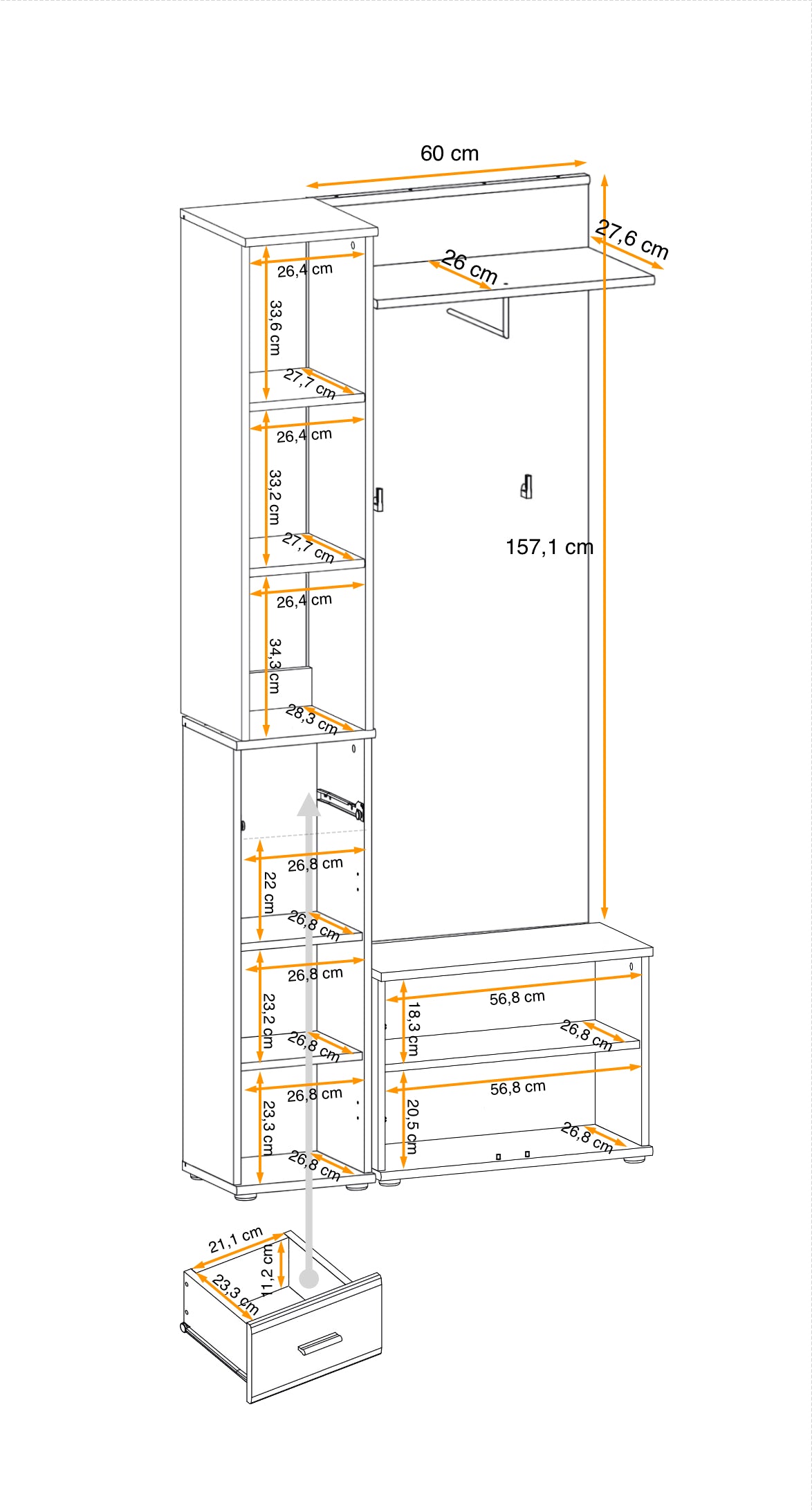 Hallway storage set assembly diagram with dimensions and shelf layout