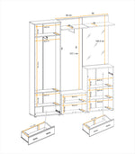 Hallway furniture set layout with wardrobe, shelves, mirror, and shoe benches
