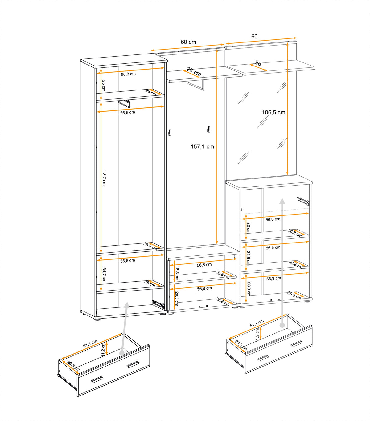 Hallway furniture set layout with wardrobe, shelves, mirror, and shoe benches