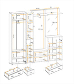 Hallway storage set assembly diagram with shelving, drawers, and hanging section