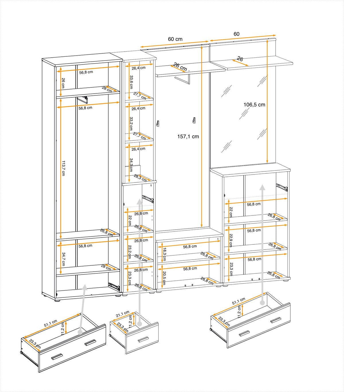 Hallway storage set assembly diagram with shelving, drawers, and hanging section