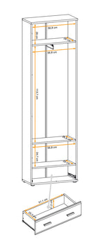 Wardrobe diagram with slatted doors, side shelves, and two-drawer base