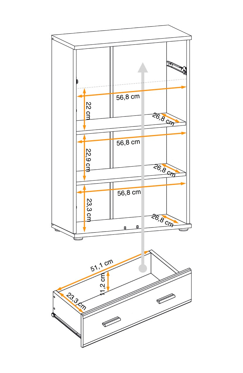 Hallway cabinet shown with open front, drawer base, two adjustable shelves, size diagram