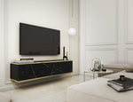 Black two-door TV cabinet with gold trim, holding a flat-screen TV