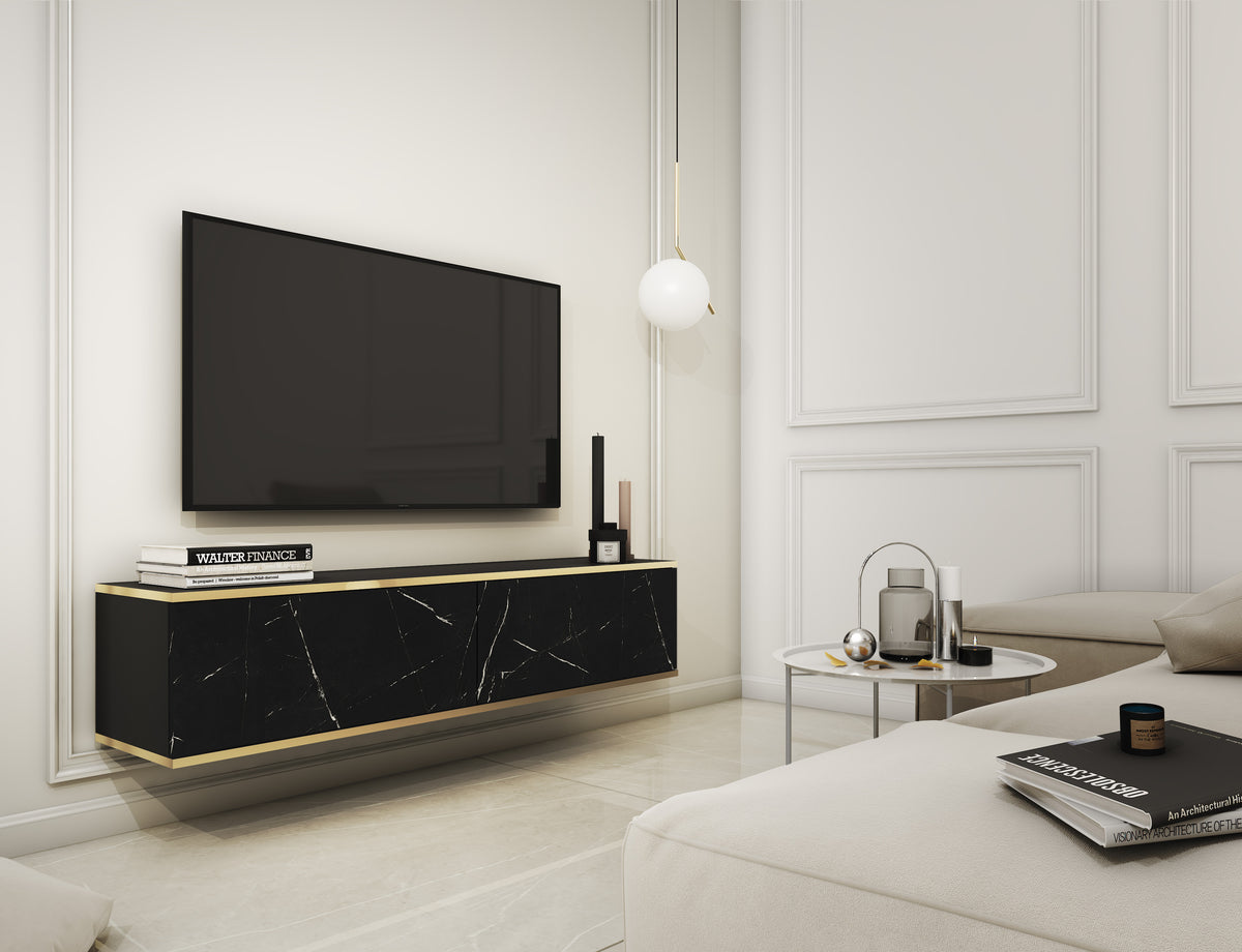 Black two-door TV cabinet with gold trim, holding a flat-screen TV