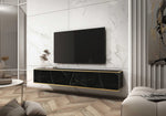 Black marble TV cabinet with gold trim for flat-screen setup on wall
