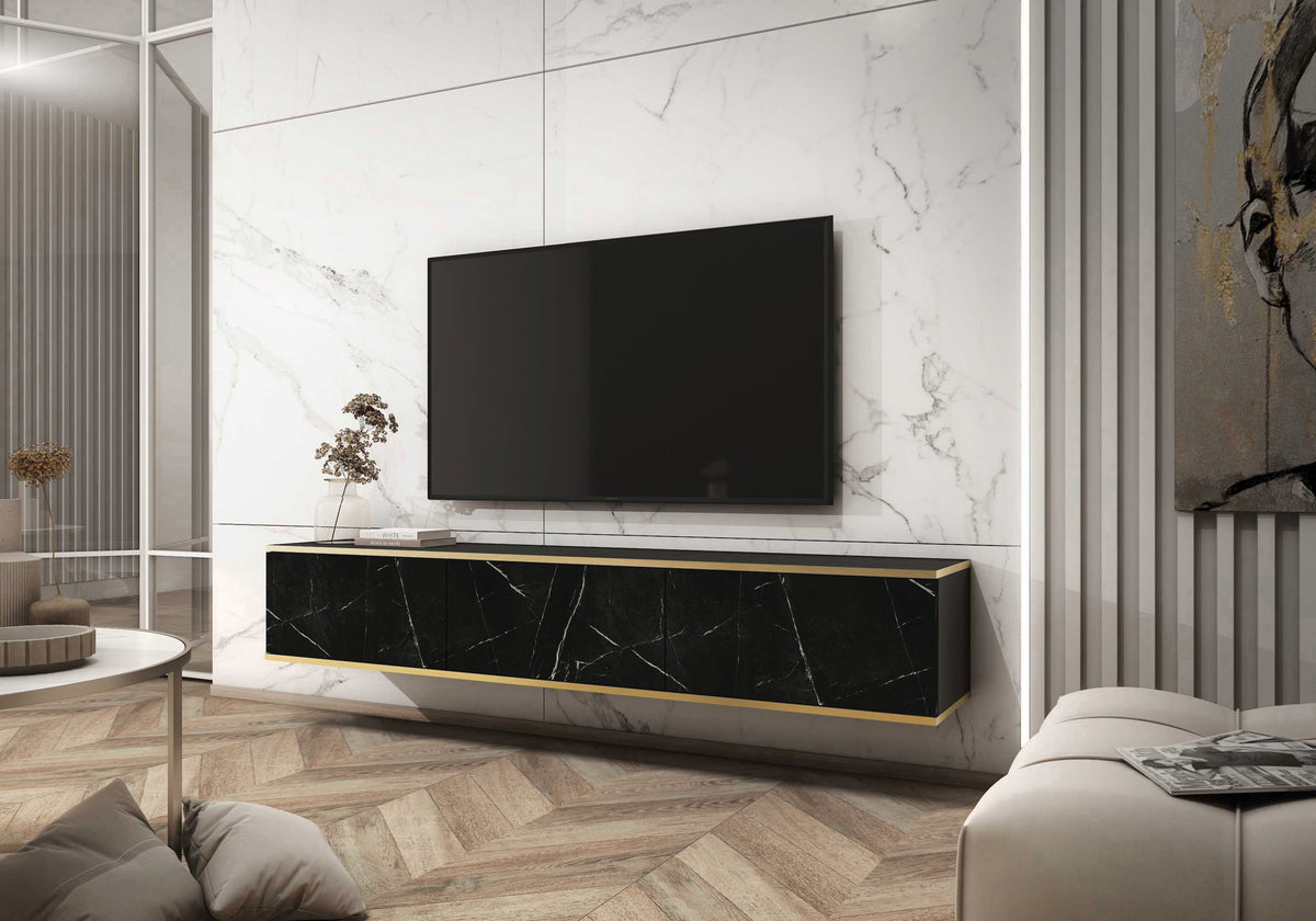 Black marble TV cabinet with gold trim for flat-screen setup on wall
