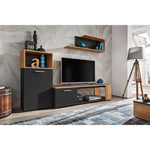 Black and wood media wall unit with TV shelf and two drawer cabinets