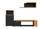 Black media wall unit with TV console, open shelves, and two drawers